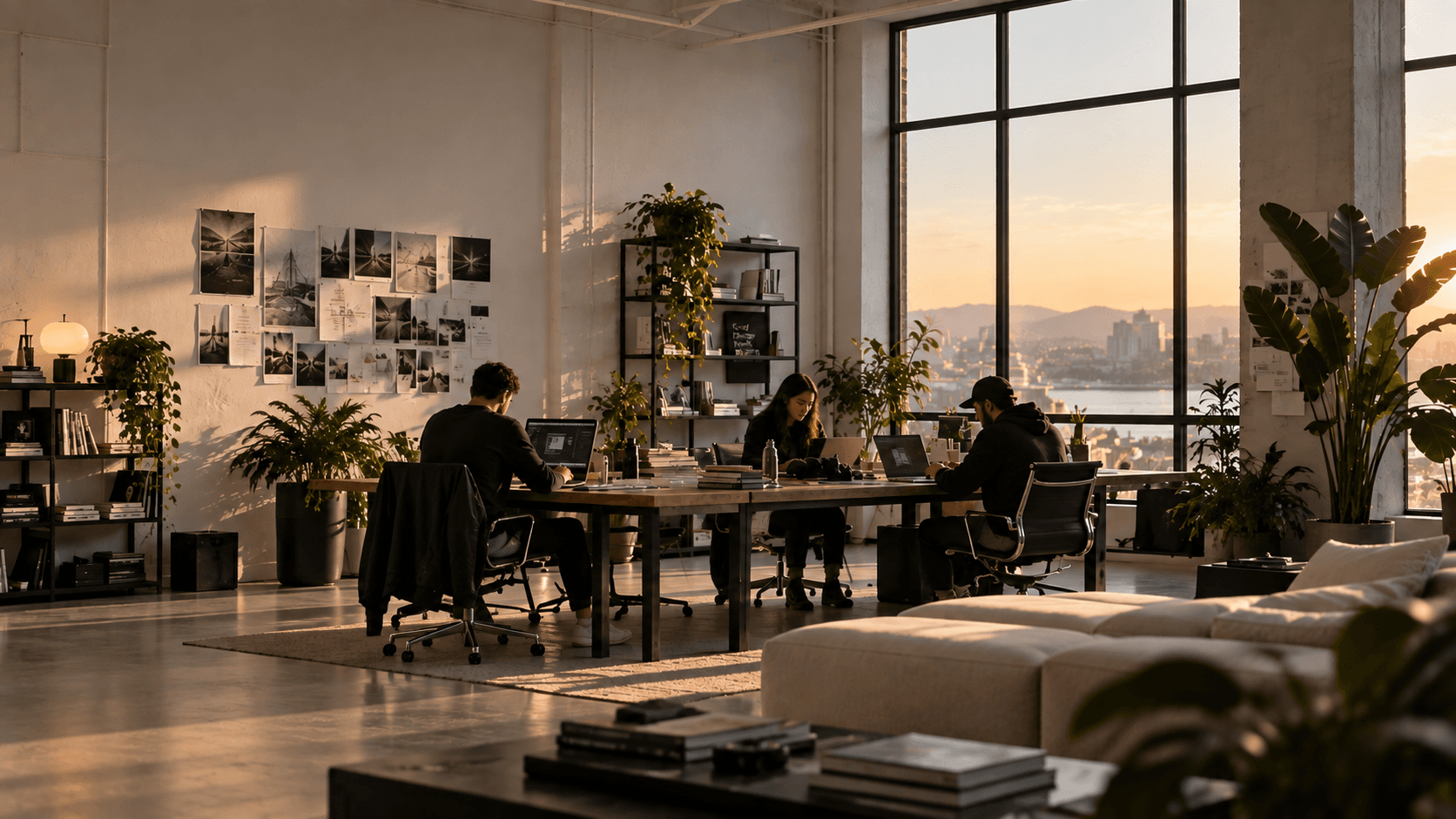 The RYVEN team working together at dusk, with the city skyline through the studio windows